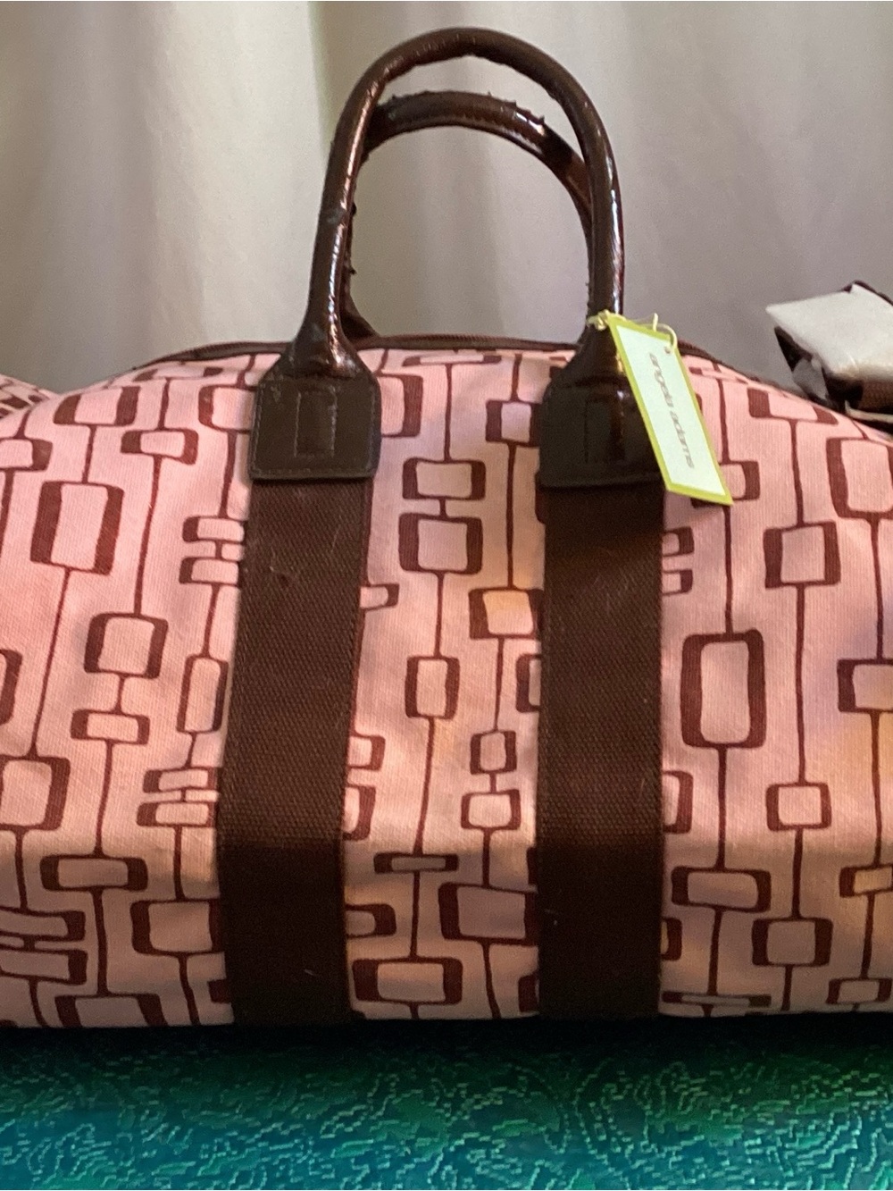 Pink Geometric Weekender Duffel Bag with Brown Trim